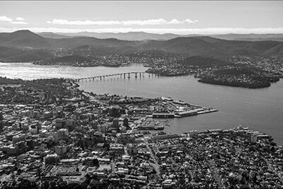 Black and white photo of Hobart from the top of Mount Wellington