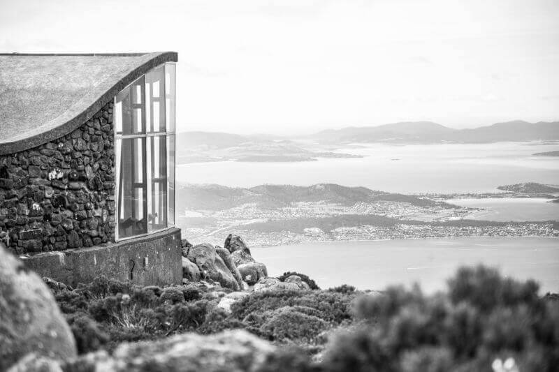 Black and white photo of the lookout over Hobart from the top of Mount Wellington, TAS