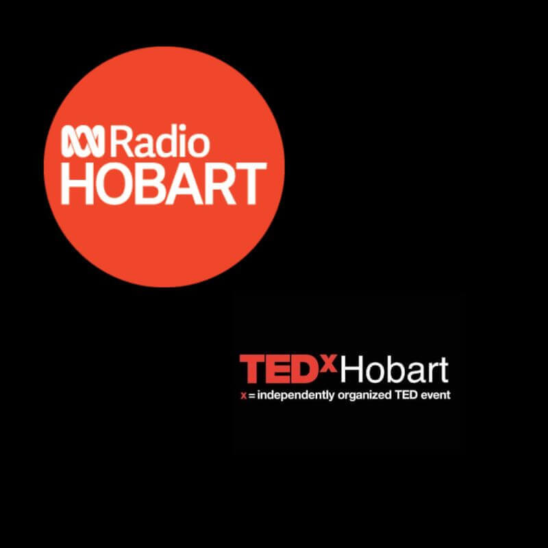 Radio Hobart logo and the TEDx Hobart logo, both on a black backgorund.